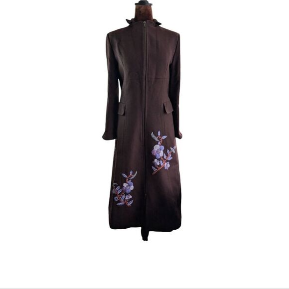 Miu Miu mocha brown authentic longline zipup floral embroidered wool coat eu36 - Picture 7 of 17